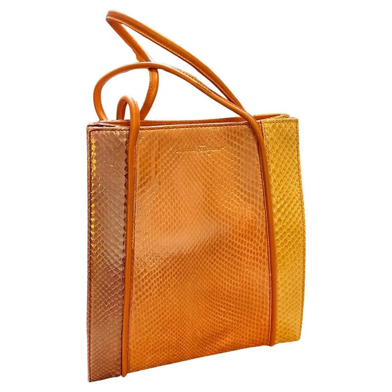 1990s Orange Brown and Yellow Leather Top Handle Bag by Salvatore Ferragamo