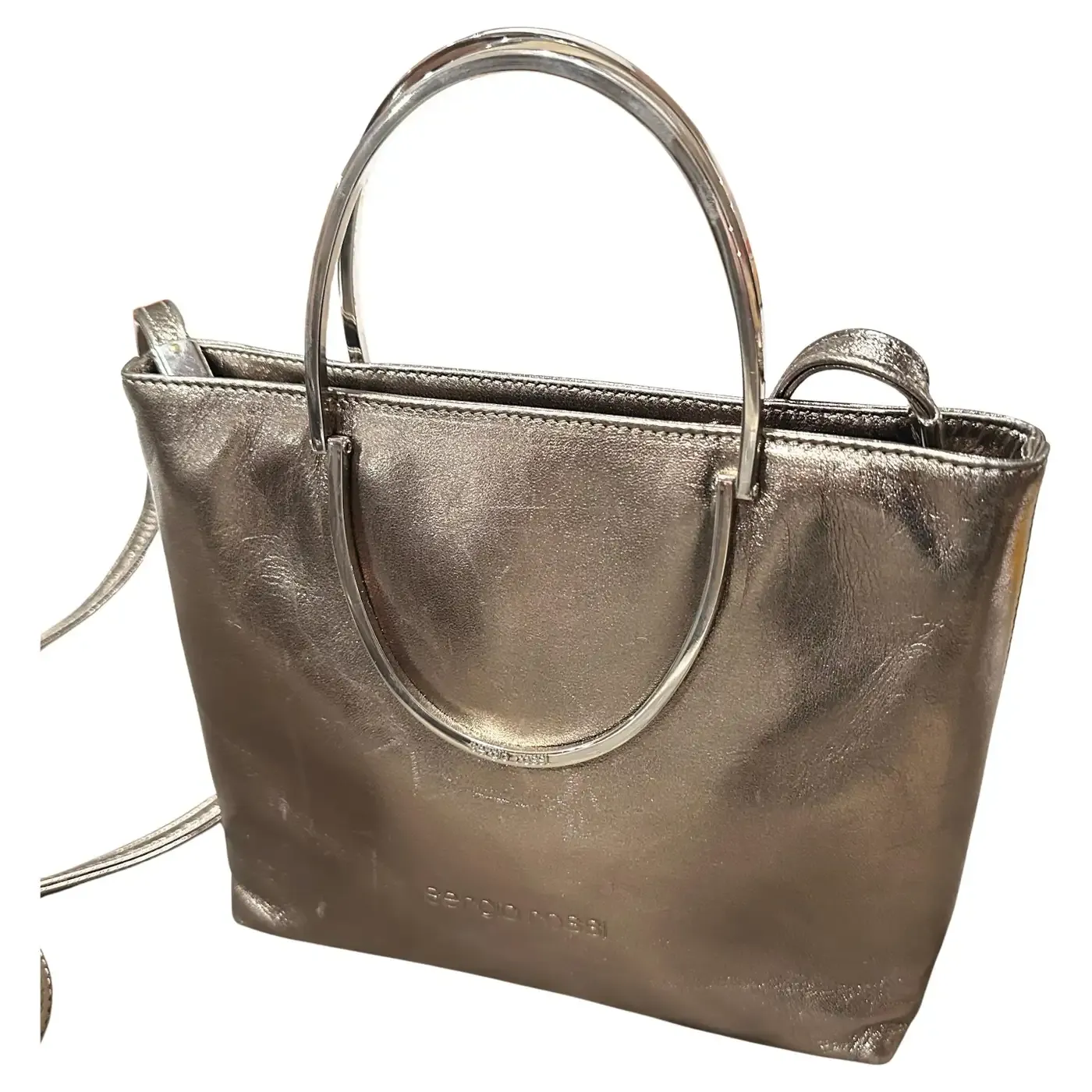 1990s Bronze Leather and Silver Tone Hardware Shoulder Bag by Sergio Rossi