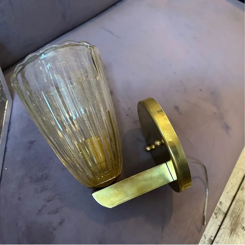 Two 1990s Barovier Style Mid-Century Modern Murano Glass and Brass Wall Sconces