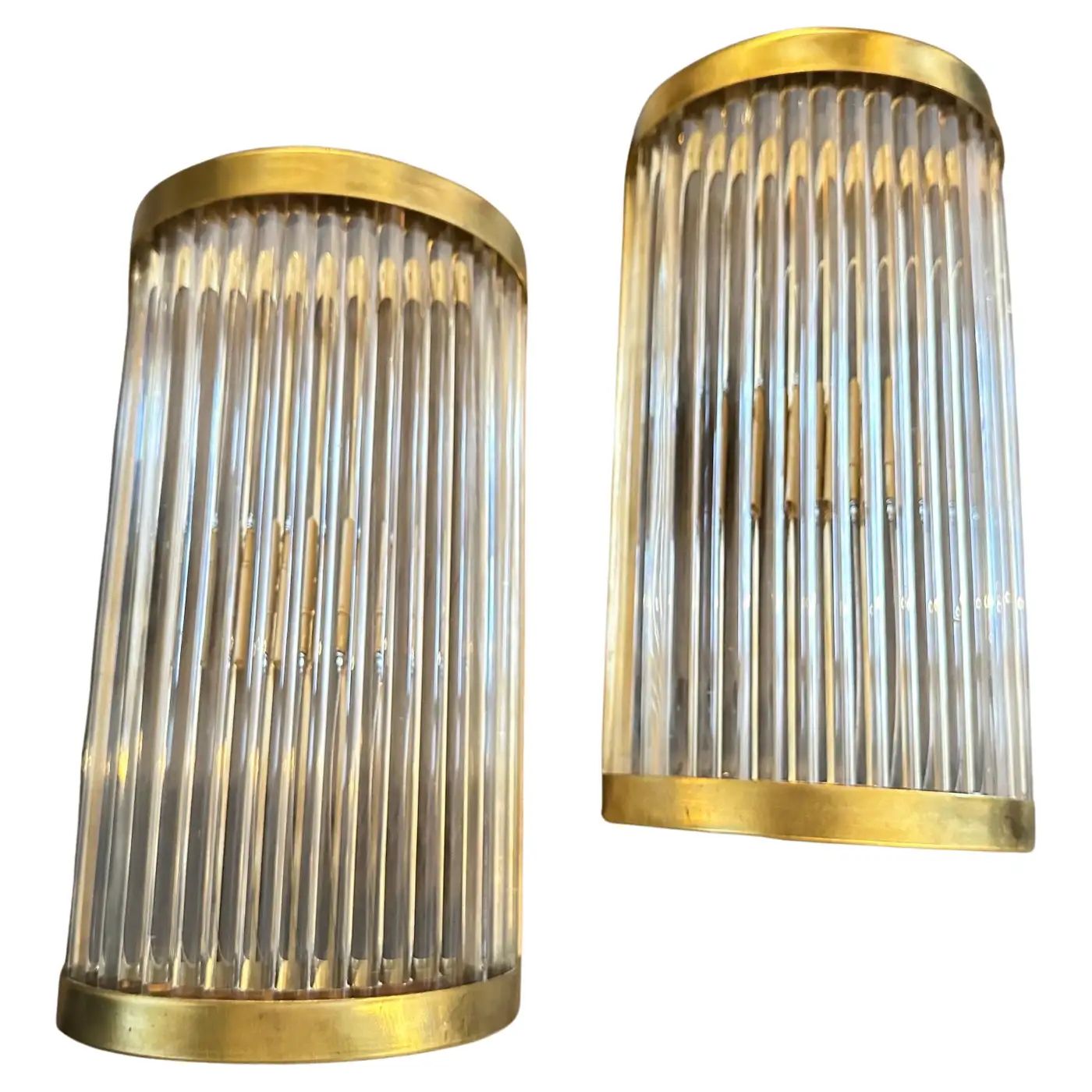 Two Sciolari Style Mid-Century Modern Brass and Glass Italian Wall Sconces