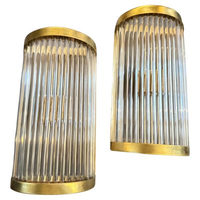 Two Sciolari Style Mid-Century Modern Brass and Glass Italian Wall Sconces