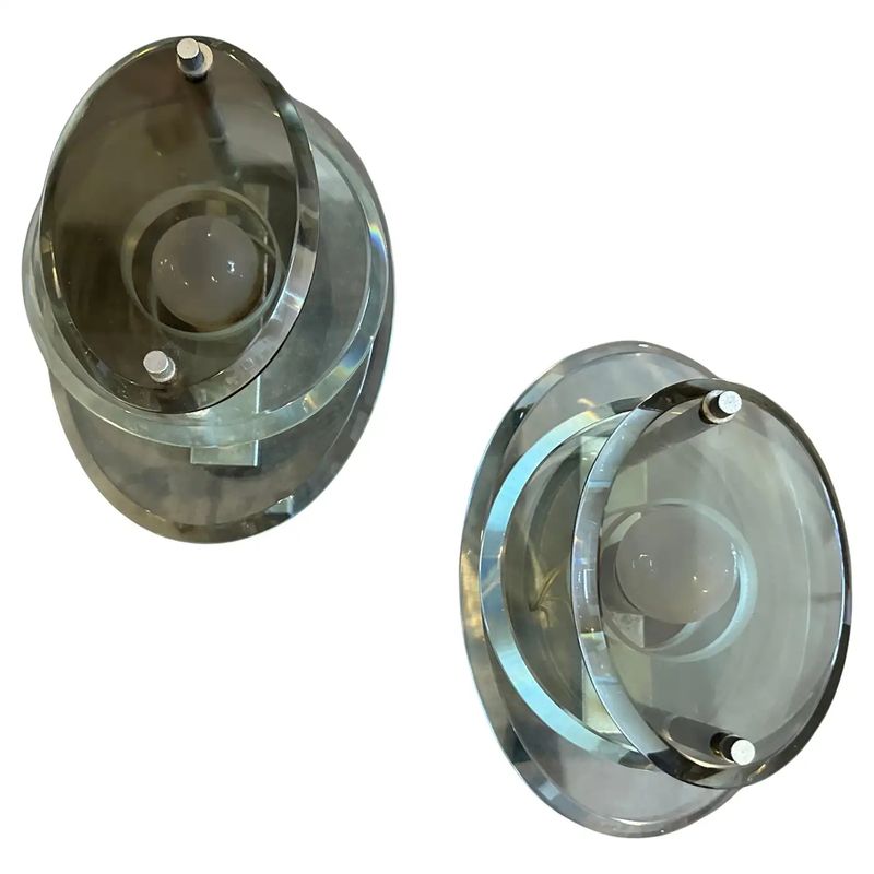 Two 1960s Space Age Heavy Glass and Chromed Metal Oval Wall Sconces by Veca