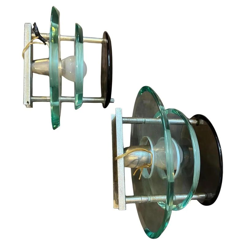 Two 1960s Space Age Heavy Glass and Chromed Metal Oval Wall Sconces by Veca