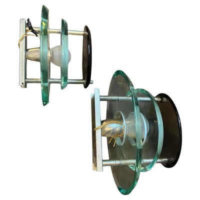 Two 1960s Space Age Heavy Glass and Chromed Metal Oval Wall Sconces by Veca