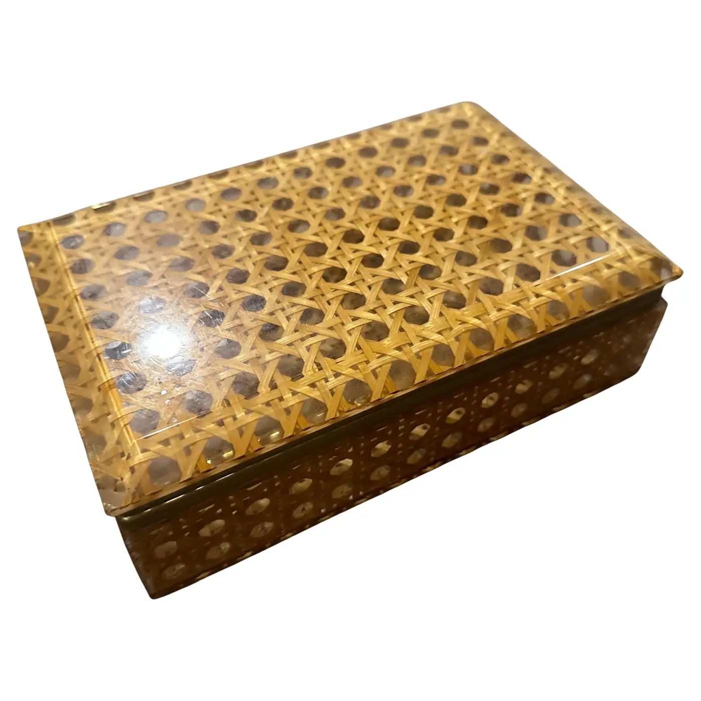 1980s Plexiglass and Vienna Straw Rectangular Box in the manner of Dior Home