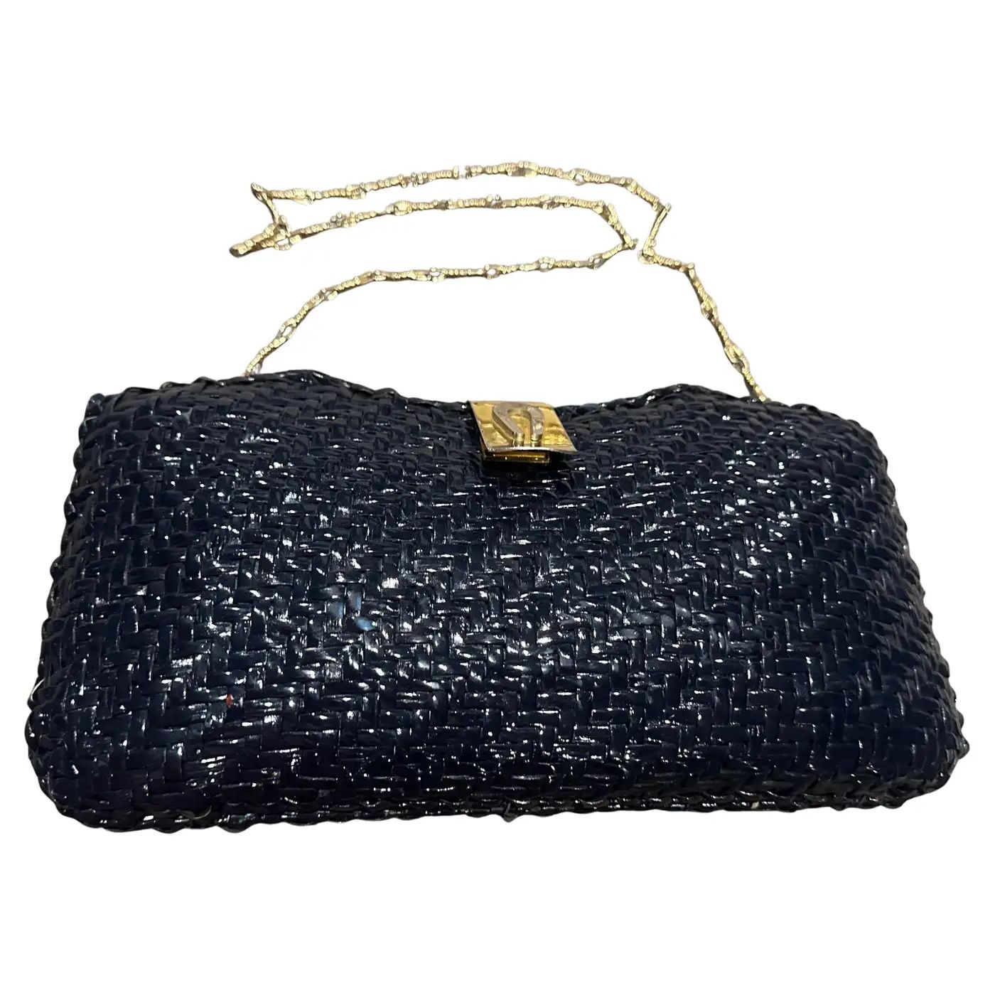 1950s Navy Blue Wicker and Dual-Tone Hardware Italian Shoulder Bag 1950s Navy Blue Wicker and Dual-Tone Hardware Italian Shoulder Bag
