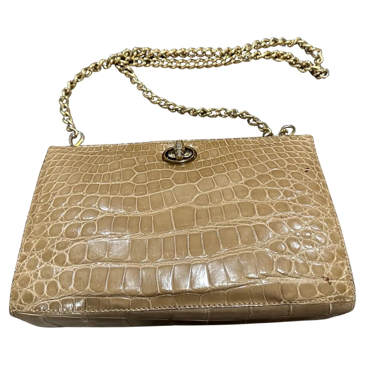 1980s High Quality Light Brown Leather and Brass Hardware Italian Shoulder Bag