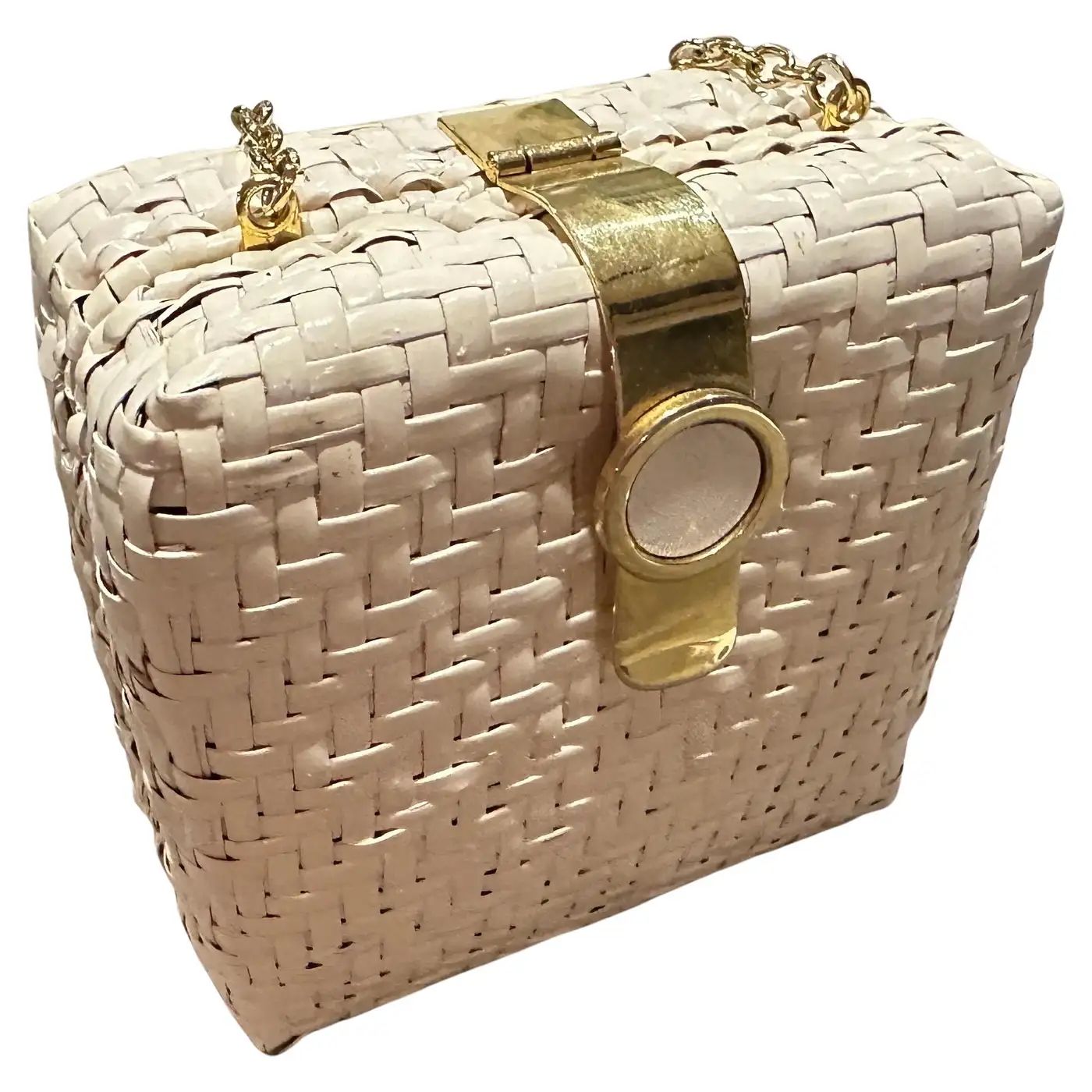 An Elegant 1960s White Wicker and Brass Square Italian Evening Bag