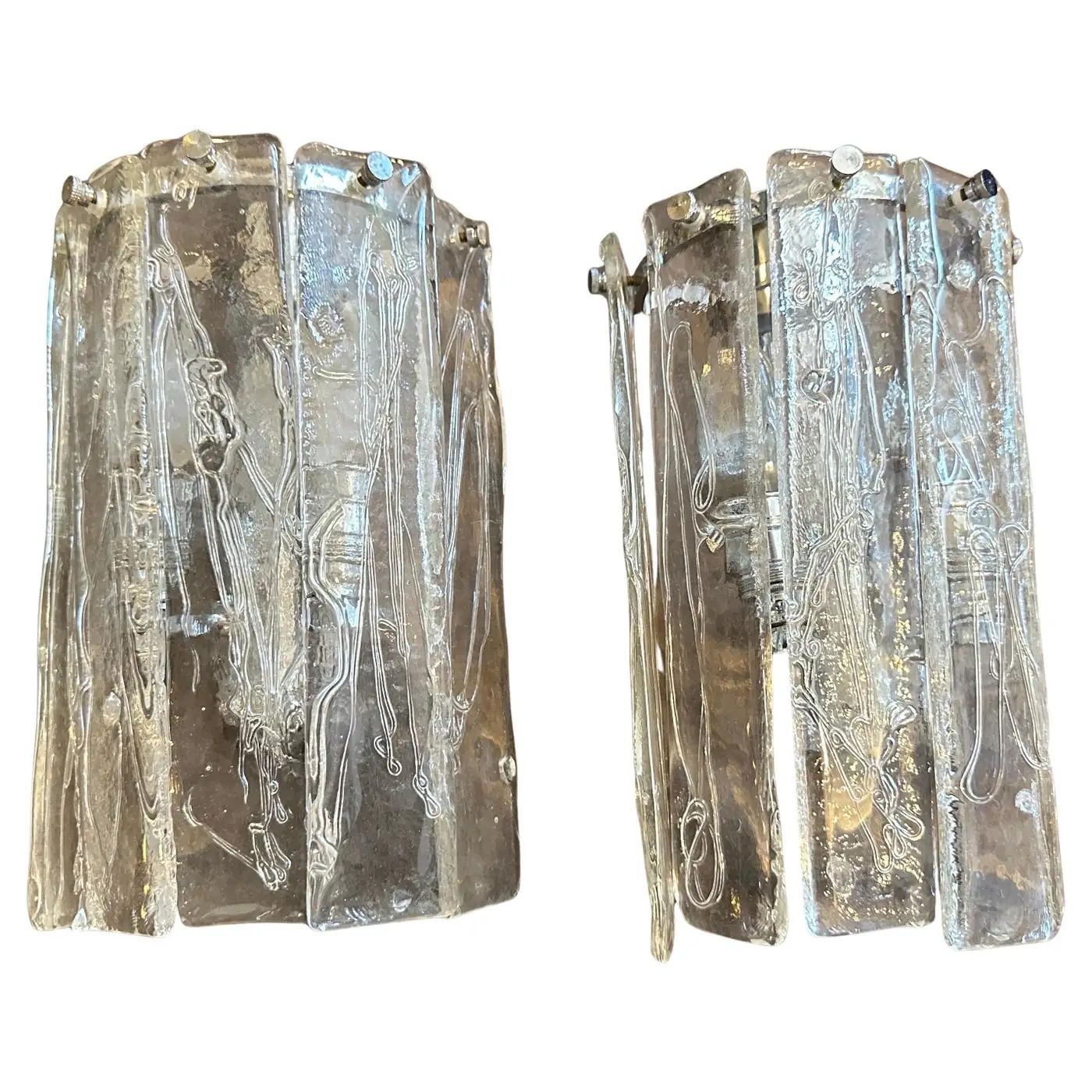 Two 1970s Space Age Murano Glass and Steel Wall Sconces by La Murrina