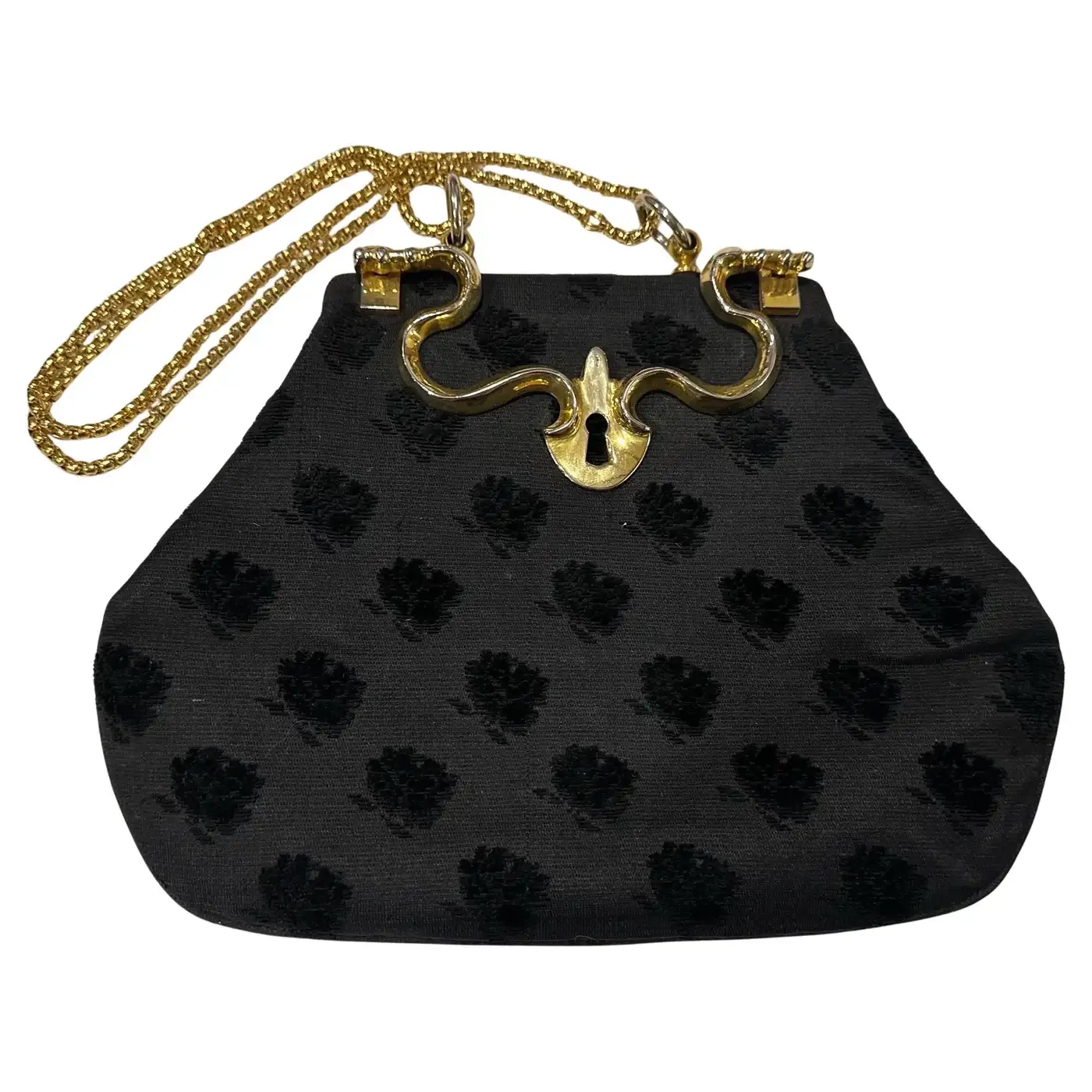 1980s Luxury Black Fabric and Brass Italian Top Hand Bag by Roberta di Camerino