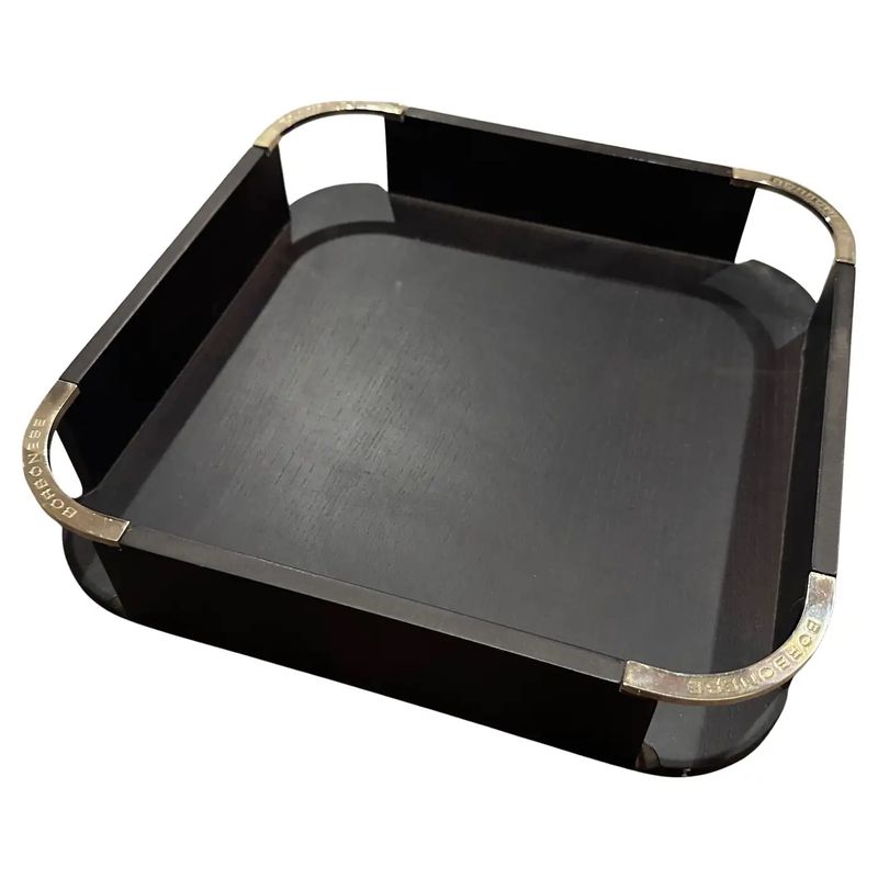 1980s Modern Black Wood and Silver Plate Square Gallery Tray by Borbonese