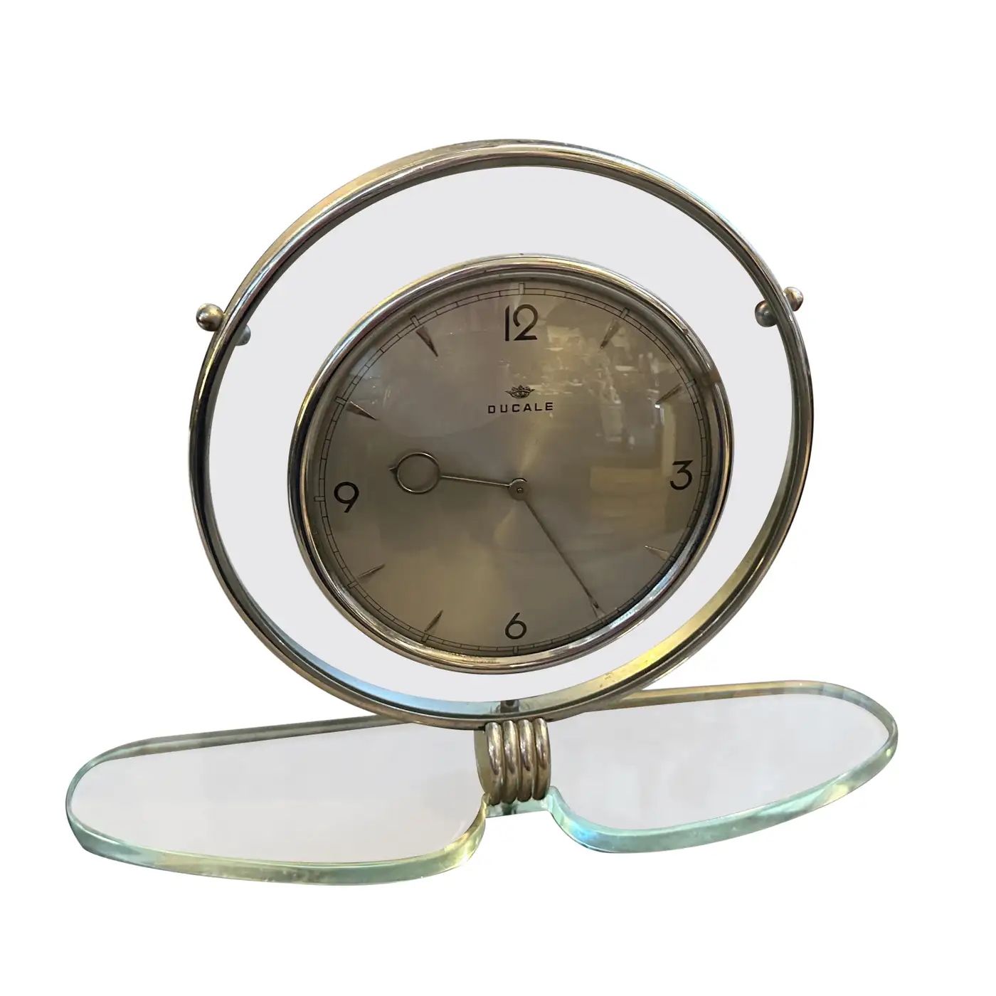 1950s Mid-Century Modern Glass and Chromed Metal Italian Table Clock by Ducale
