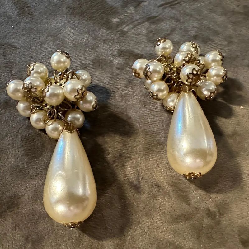 1980s Vintage Costume Jewelry Brass and Faux Pearls Italian Clip-on Earrings