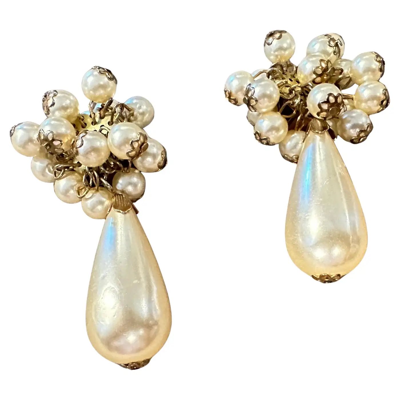 1980s Vintage Costume Jewelry Brass and Faux Pearls Italian Clip-on Earrings