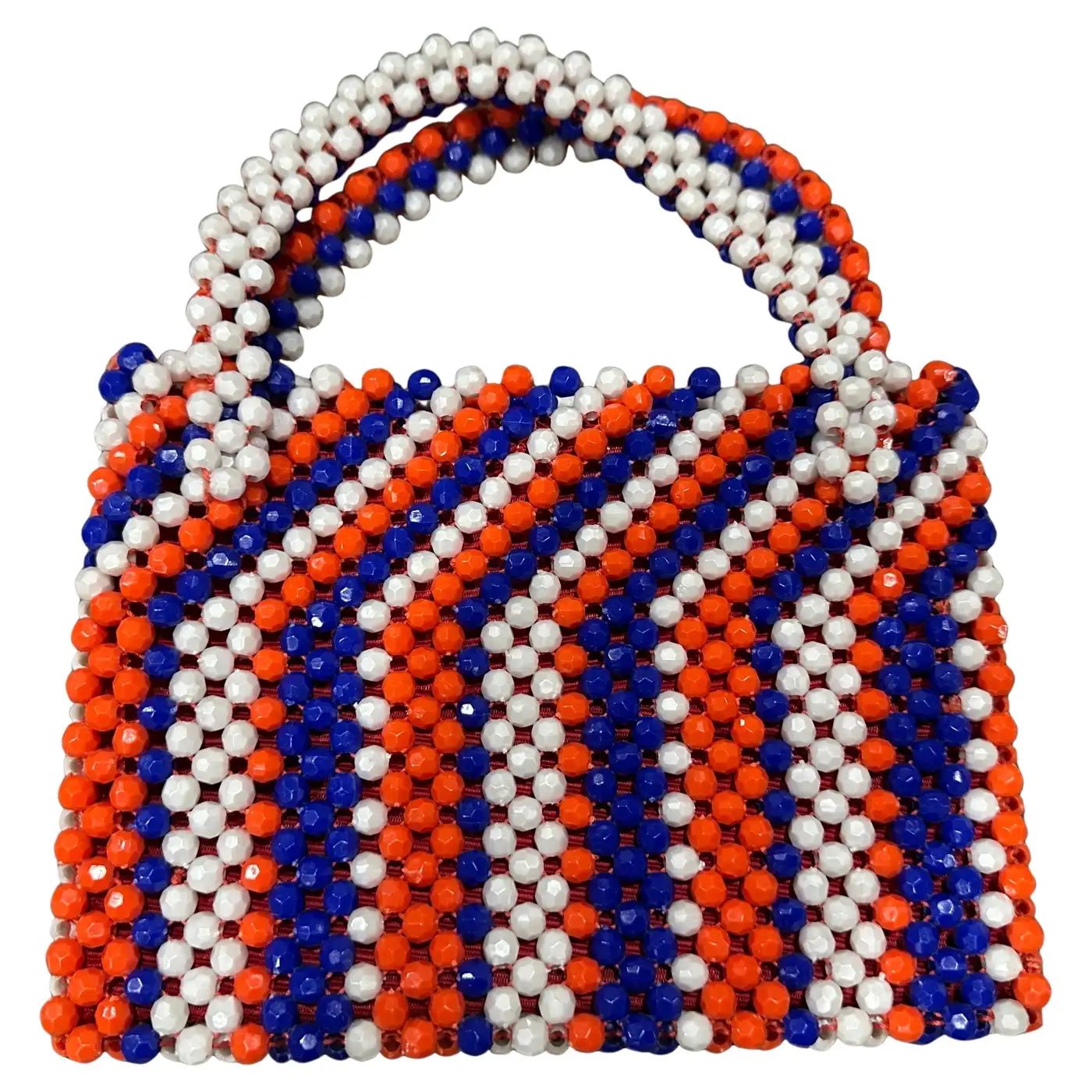 1970s Red Blue and White Faceted Beaded Italian Hand-Bag