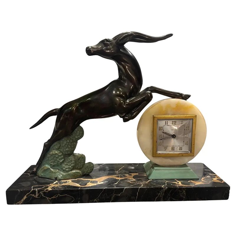1930s Art Deco Portoro Marble and Metal French Table Clock