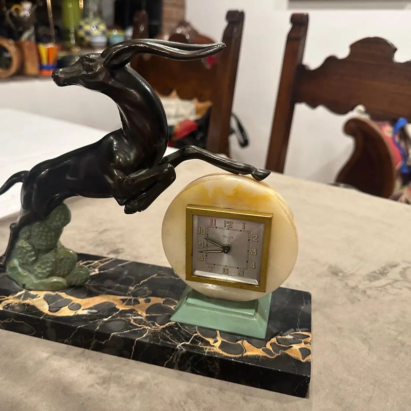 1930s Art Deco Portoro Marble and Metal French Table Clock
