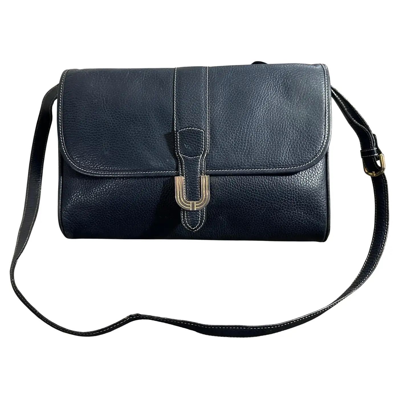 1980s Vintage Blue Leather French Shoulder Bag by Emanuel Ungaro