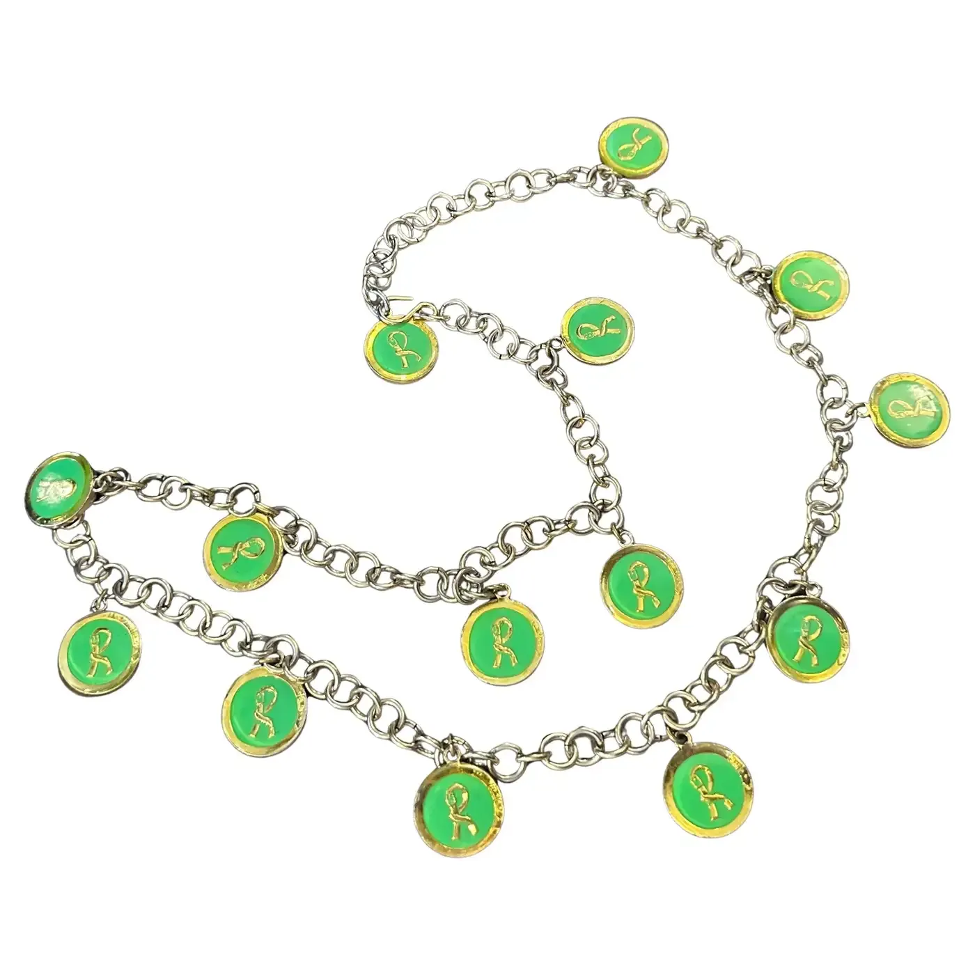 1990s Costume Jewelry Green Logo Chain Necklace by Roberta di Camerino