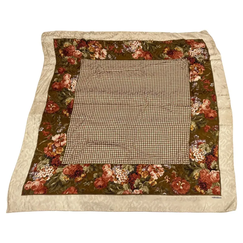 1980s Classic floral & Houndstooth Design Silk Italian Square Scarf by Valentino