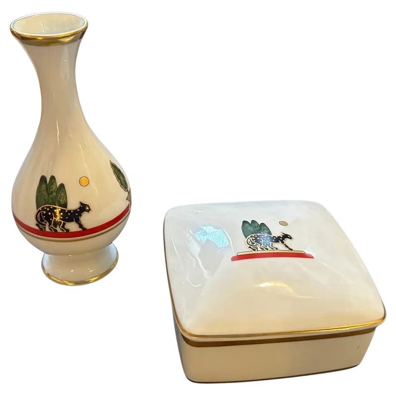 1986 Art Deco Style Porcelain de Limoges Vase and Vanity Box by Cartier Paris