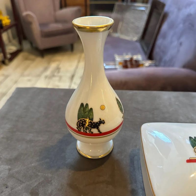 1986 Art Deco Style Porcelain de Limoges Vase and Vanity Box by Cartier Paris