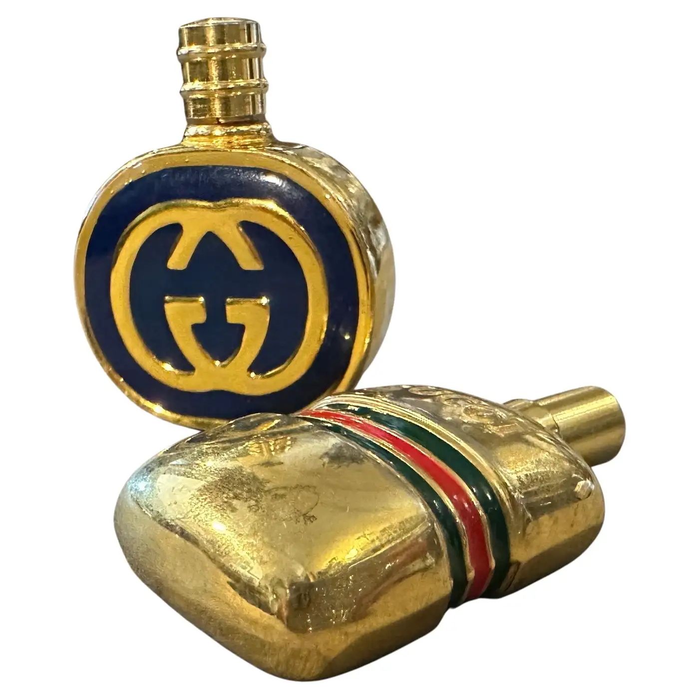 Two 1980s Modern Brass and Enamel Small Scent Bottles By Gucci