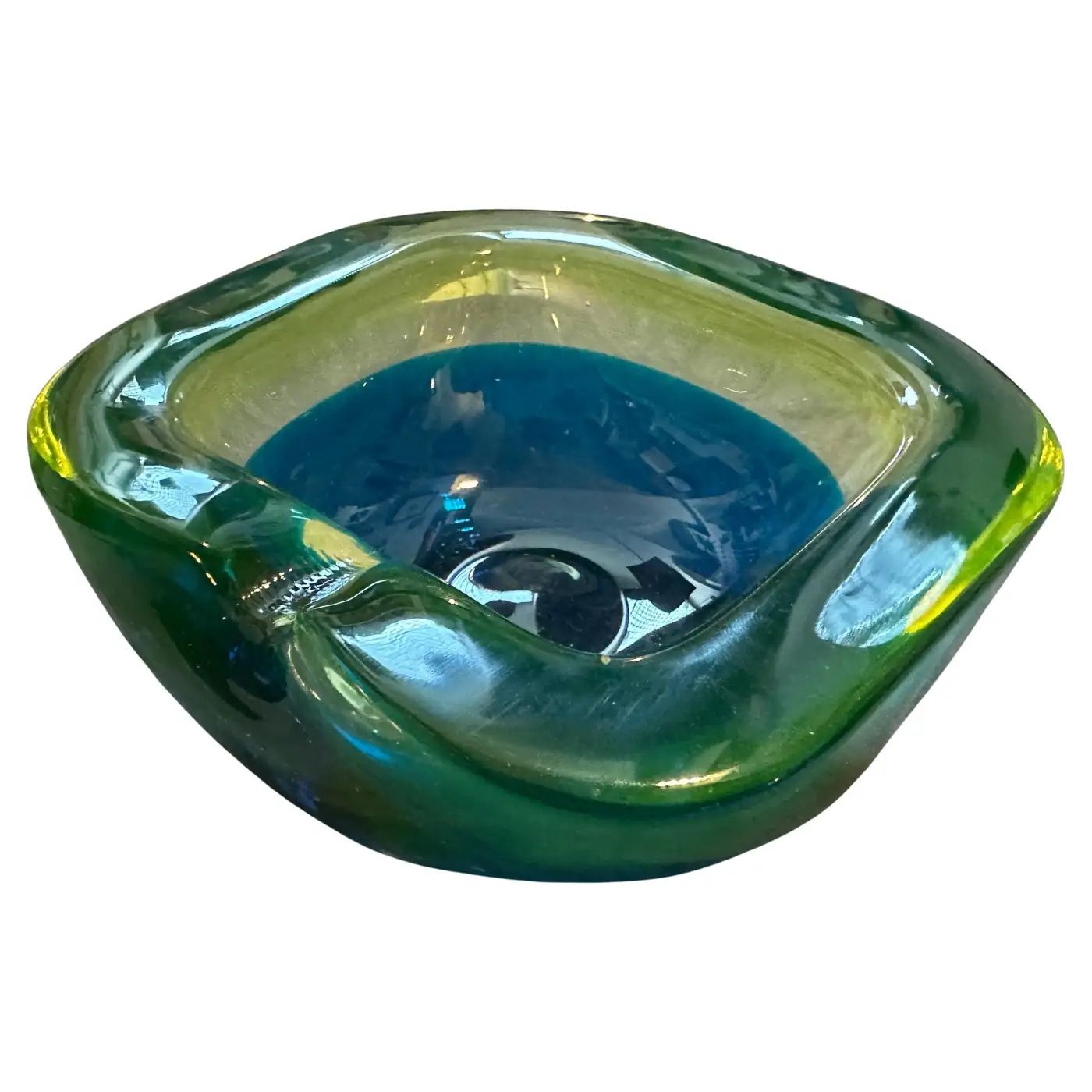 1970s Modern Blue and Green Lime Sommerso Murano Glass Ashtray by Seguso