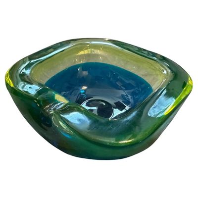 1970s Modern Blue and Green Lime Sommerso Murano Glass Ashtray by Seguso