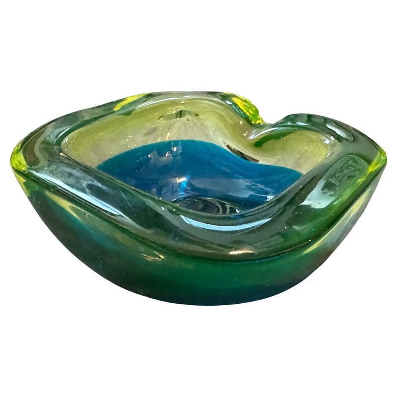 1970s Modern Blue and Green Lime Sommerso Murano Glass Ashtray by Seguso