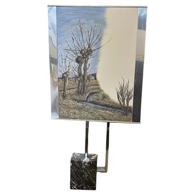 1970s Modernist Chromed Metal and Marble Table Lamp with Hand Painted Lampshade