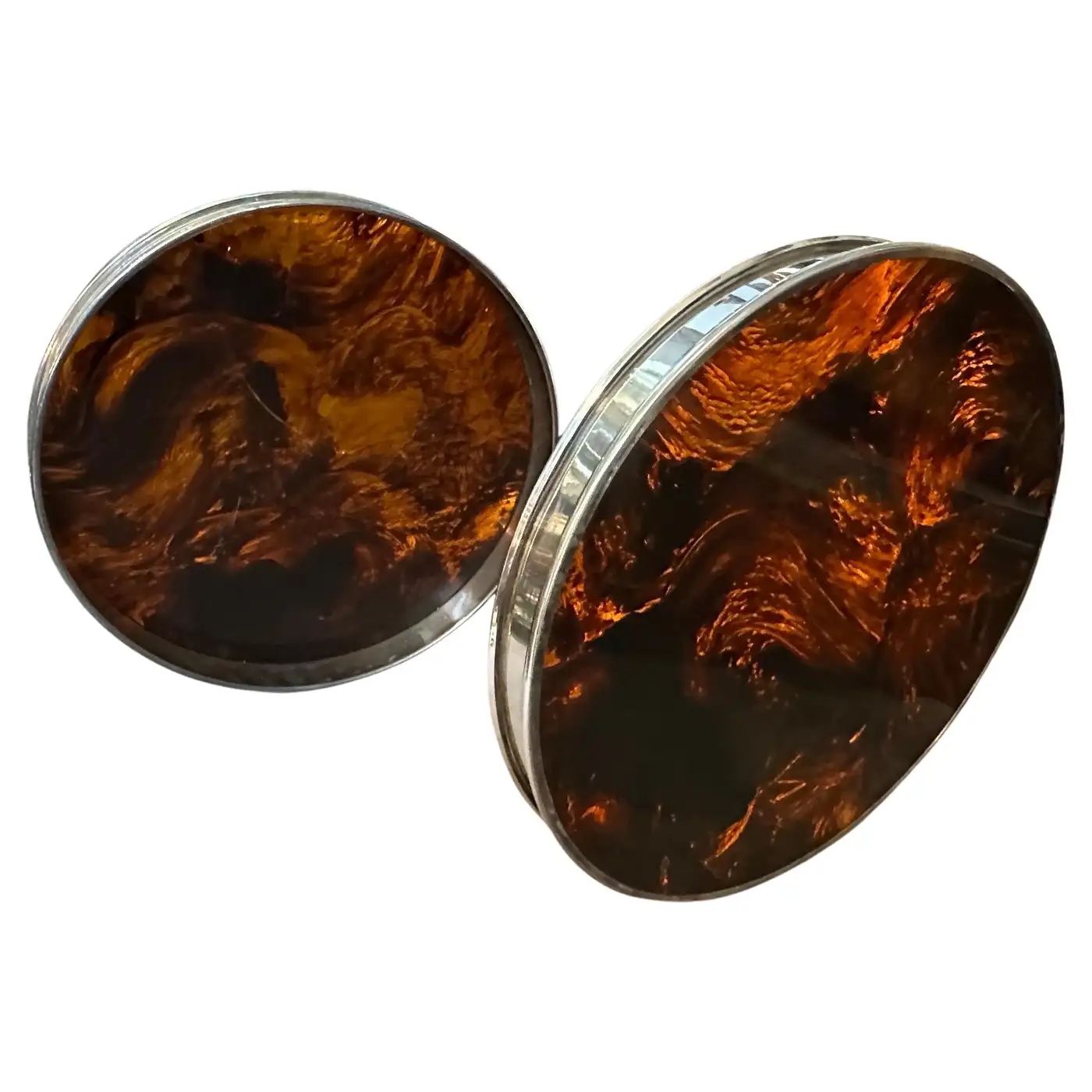 1970s Set of Two Faux Tortoiseshell Lucite and SilVer Plated Metal Barware Trays