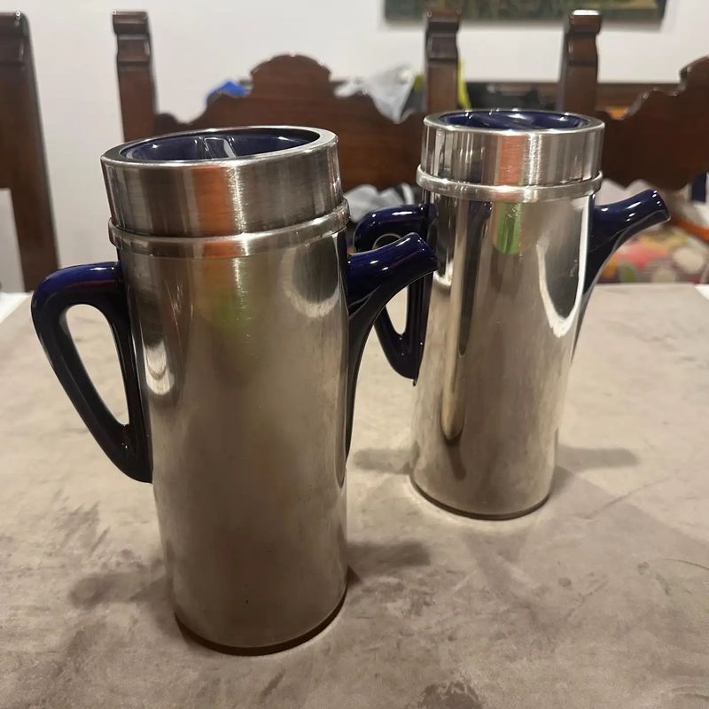 Two 1980s Lino Sabattini Style Silver Plated Metal and Blue Ceramic Coffee Pots