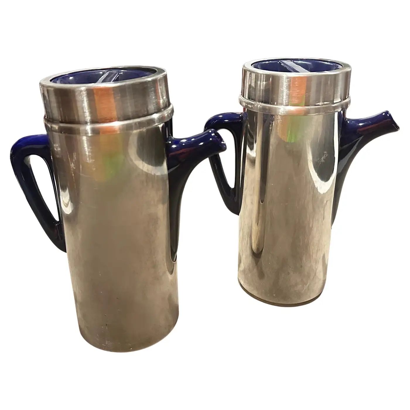 Two 1980s Lino Sabattini Style Silver Plated Metal and Blue Ceramic Coffee Pots