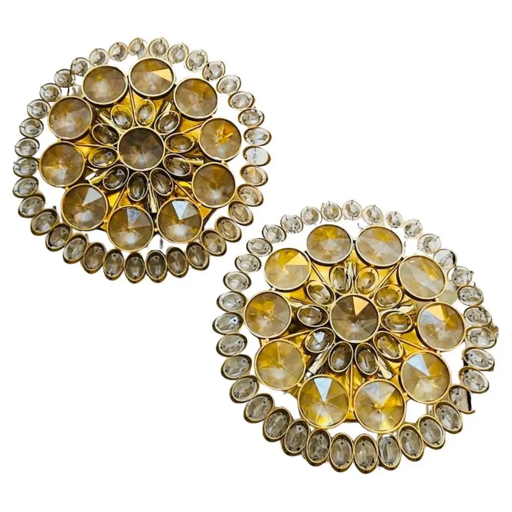 Two 1960s Mid-Century Modern Brass and Glass Wall Sconces or Ceiling Lights