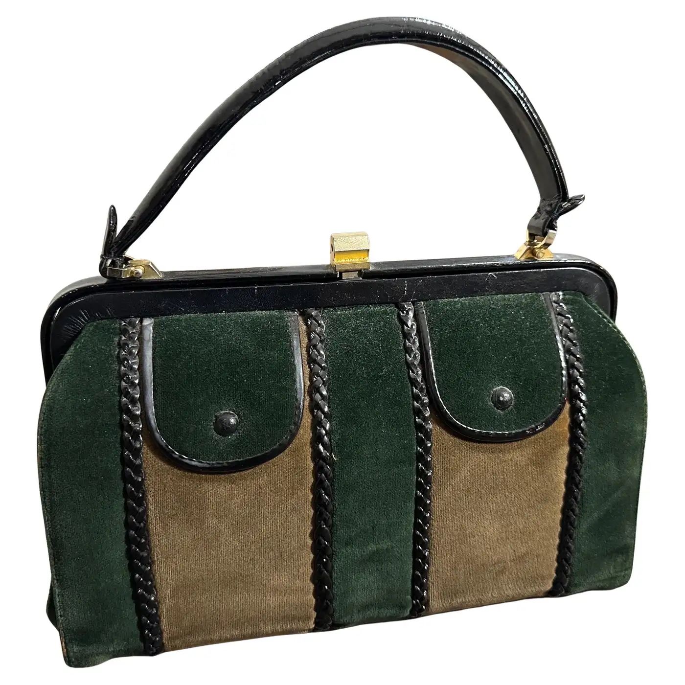 1960s Green and Brown Suede and Black Leather Italian Top Handle Bag 1960s Green and Brown Suede and Black Leather Italian Top Handle Bag