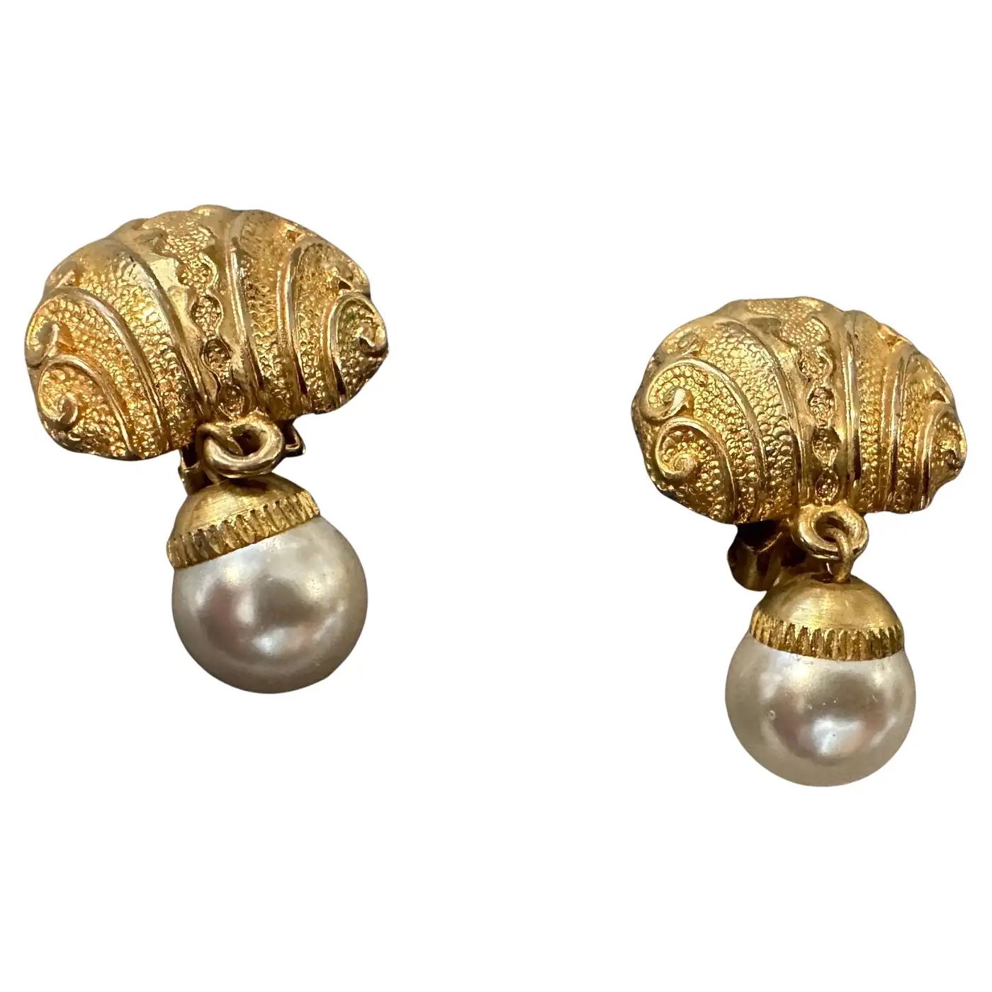 1970s Costume Jewelry Gilded Brass and River Pearls Italian Clip-on Earrings