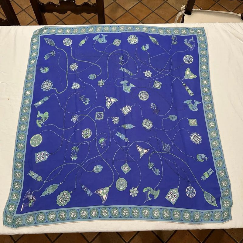 1990s Tribal Folk Art Inspired Blue Silk Scarf by Emilio Pucci