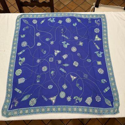 1990s Tribal Folk Art Inspired Blue Silk Scarf by Emilio Pucci