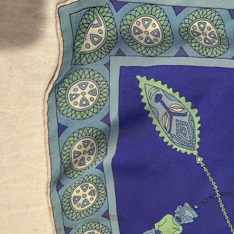 1990s Tribal Folk Art Inspired Blue Silk Scarf by Emilio Pucci