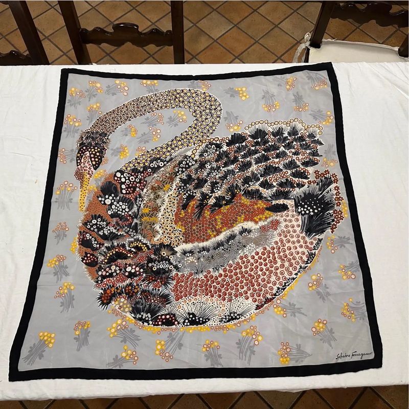 1980s Swan Motif Silk Carrè Scarf by Ferragamo