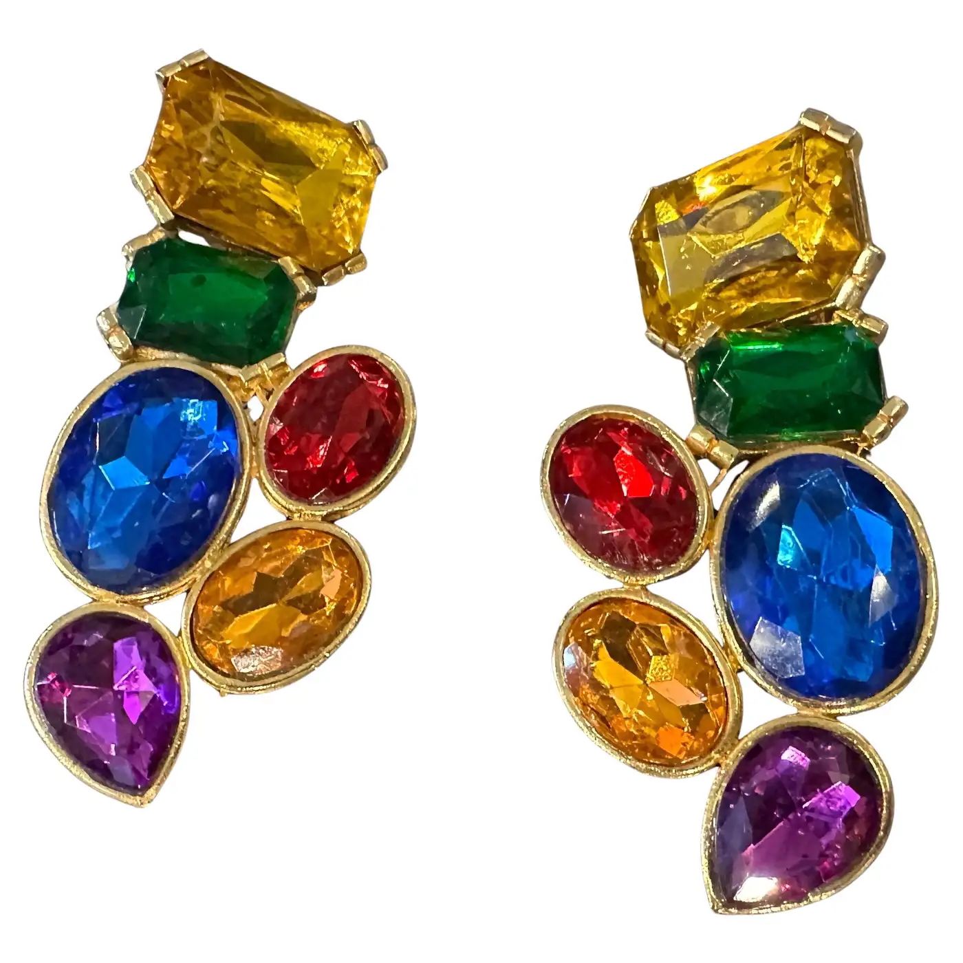 1990s Costume Jewelry Gilded Brass and Rhinestones Italian Clip-on Earrings