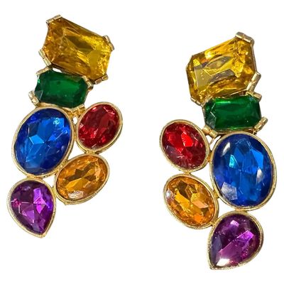 1990s Costume Jewelry Gilded Brass and Rhinestones Italian Clip-on Earrings