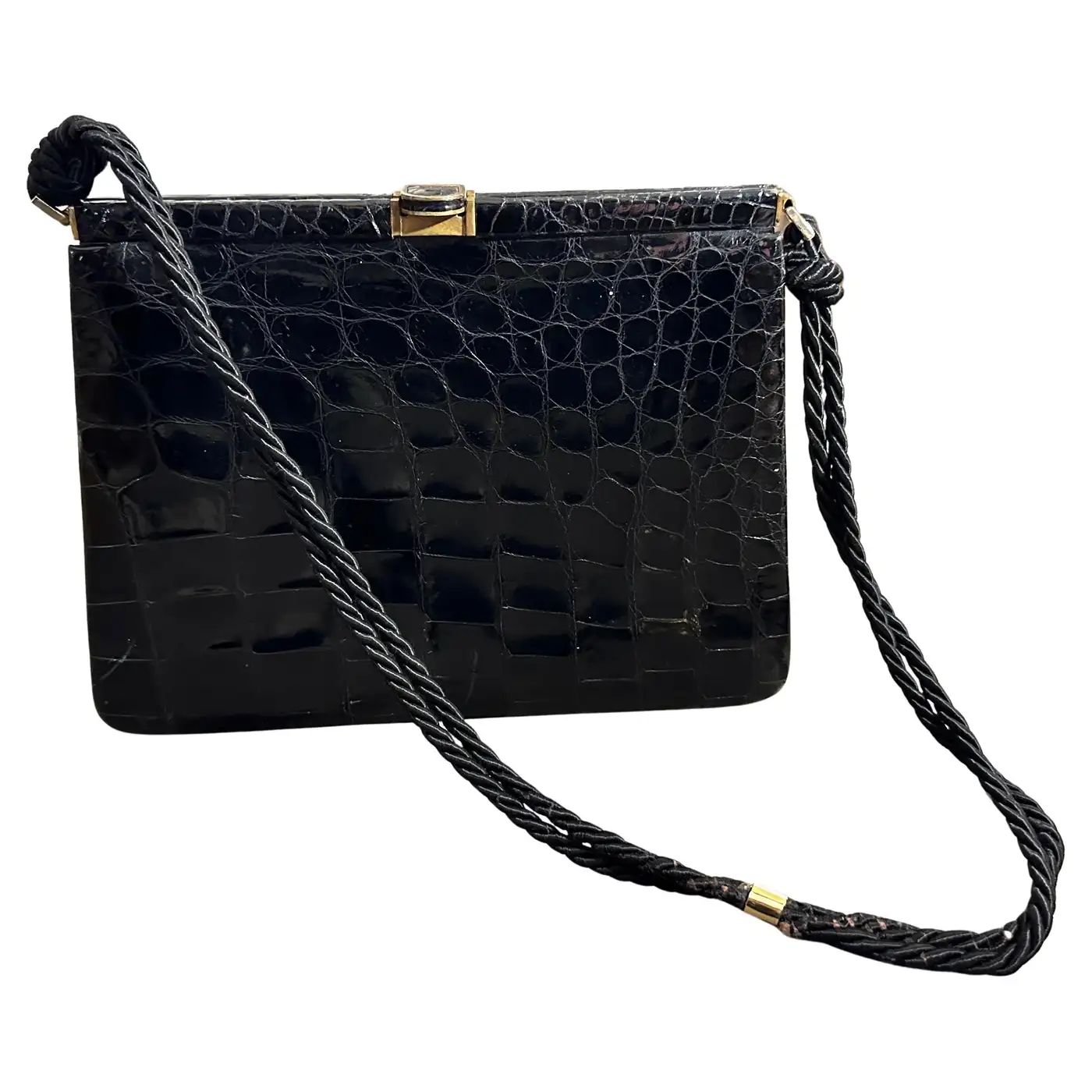 1970s High Quality Black Leather and Rope Italian Cross Body Bag