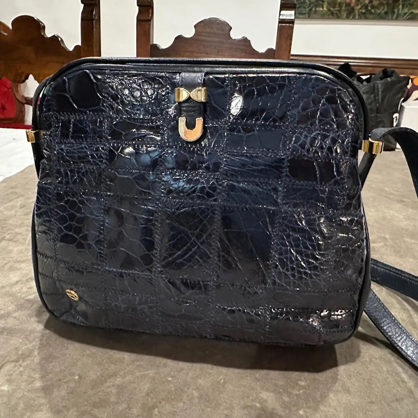 1980s High Quality Blue Leather and Brass Hardware Shoulder Bag by Zenith