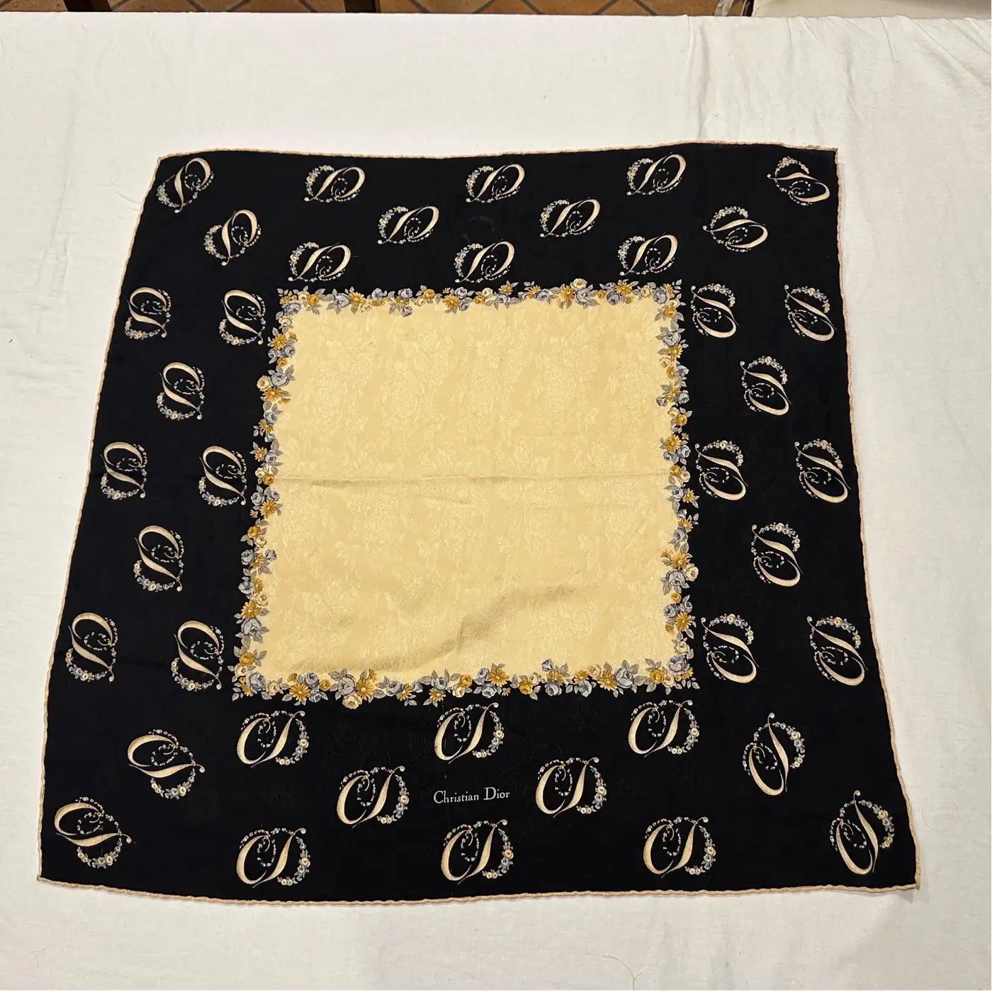 1980s Light Brown and Black Logo Flower Silk Scarf by Christian Dior