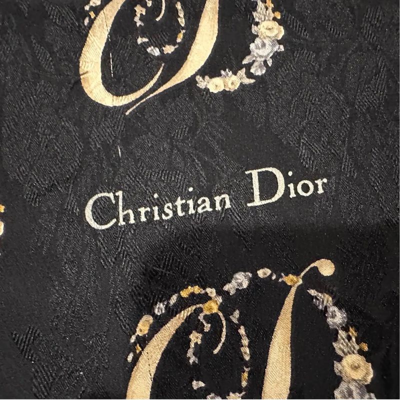1980s Light Brown and Black Logo Flower Silk Scarf by Christian Dior