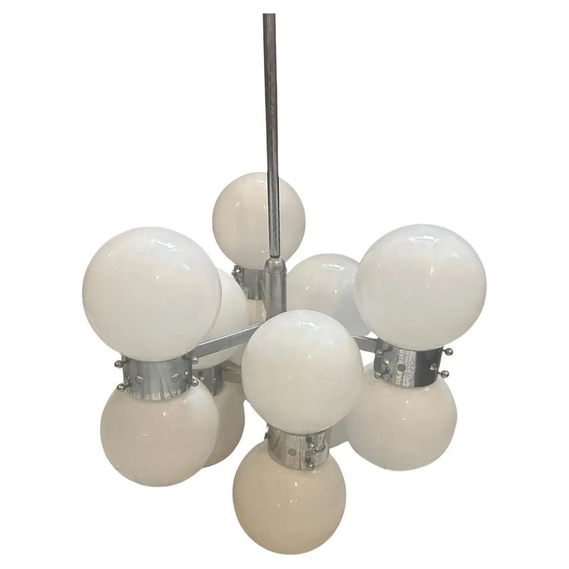 1960s Space Age Steel and Opaline Glass 10 Lights Italian Chandelier