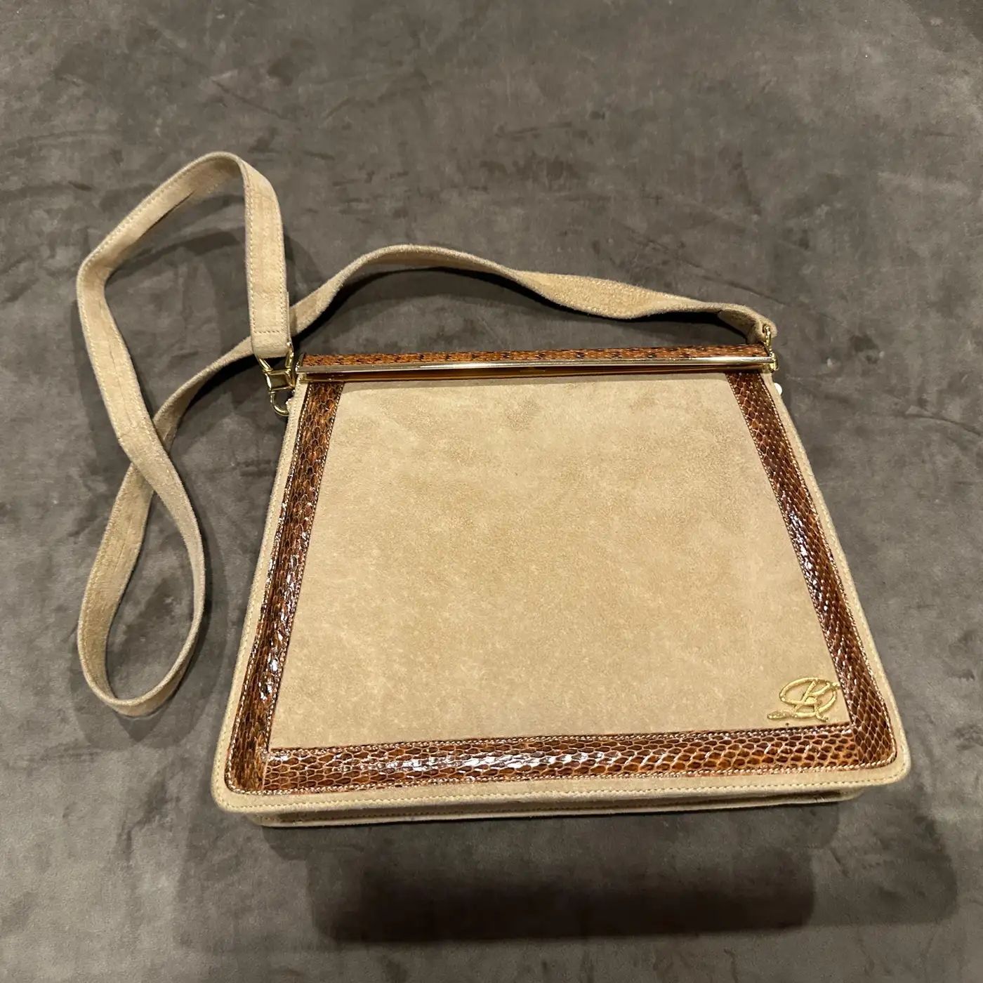 An Elegant 1980s Beige Suede and Brown Leather Italian Shoulder Bag