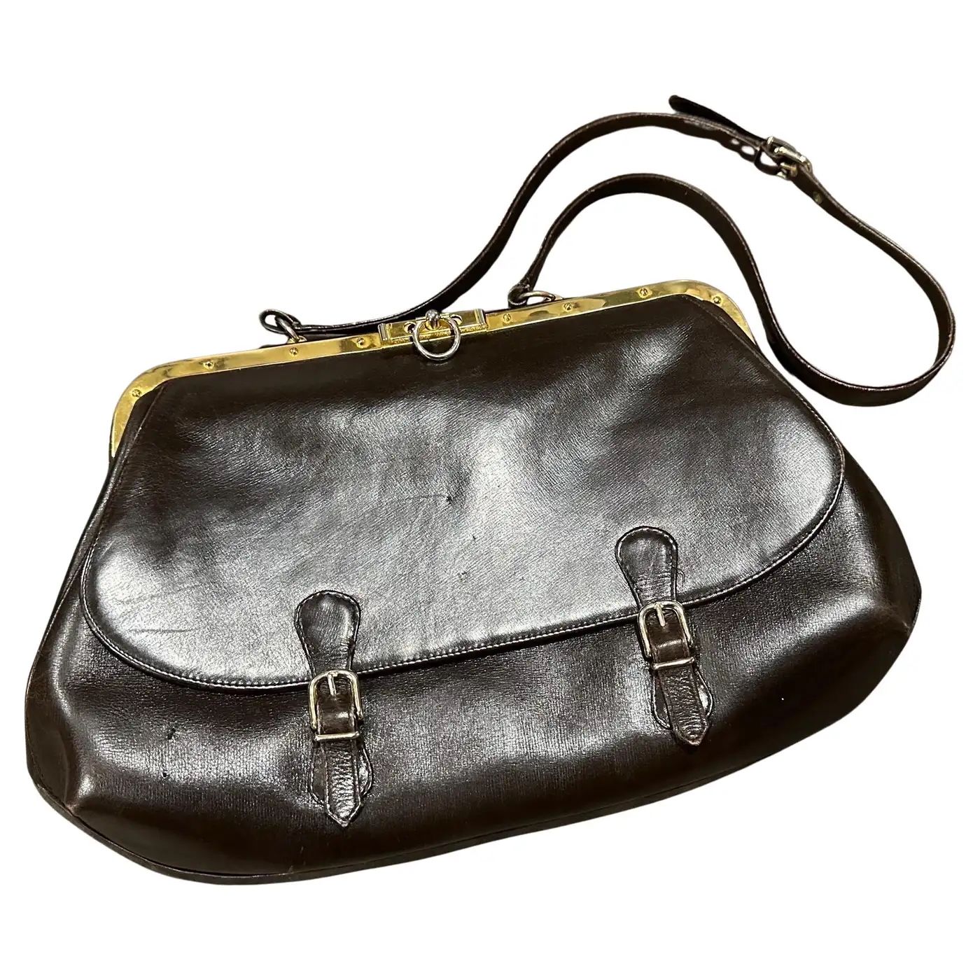 A 1978 Iconic Brown Leather and Gilded Brass Shoulder Bag by Roberta di Camerino